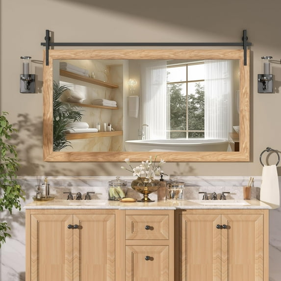Hasipu 60"x30" Farmhouse Bathroom Mirror - Brown Rustic Wood Framed Wall Mounted Mirror, Vintage Vanity Mirror with Barn Door Style for Bathroom Living Room Decor
