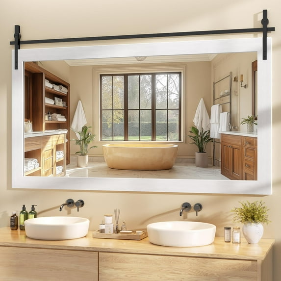 Hasipu 60"x30" Farmhouse Bathroom Mirror - White Rustic Wood Framed Wall Mounted Mirror, Vintage Vanity Mirror with Barn Door Style for Bathroom Living Room Decor