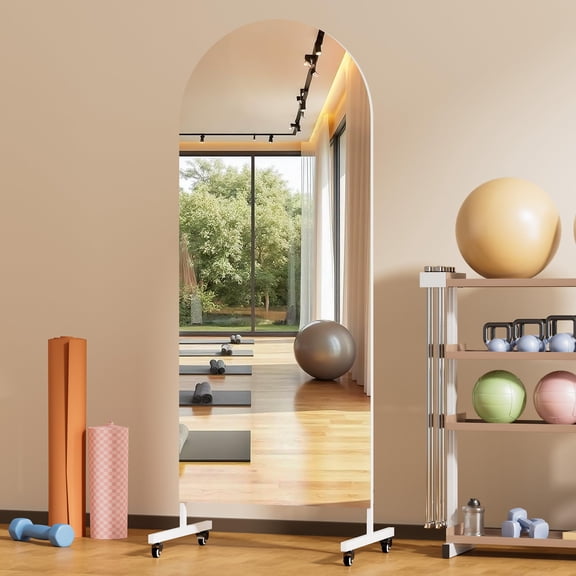 Hasipu 65" x 22" Arched Full Length Mirror with Wheels, 360° Swivel Home Gym Floor Mirror, Tempered Glass Rolling Mirror for Yoga, Dance Studio, Bedroom & Wall Decor, Large Freestanding Mirror