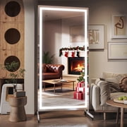 Hasipu 71" x 36" Extra Large Full Length LED Mirror with Light, 360  Swivel Rolling Mirror on Wheels, Dimmable Home Gym Mirror for Yoga, Dance Studio, Bedroom Wall Decor & Exercise Room, White