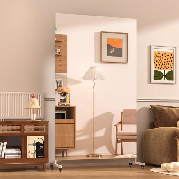 Hasipu 74.8"x40" Full Body Mirror on Wheels - 360° Swivel Home Gym Mirror, Extra Large Tempered Glass Rolling Mirror for Yoga, Dance Studio & Bedroom, White