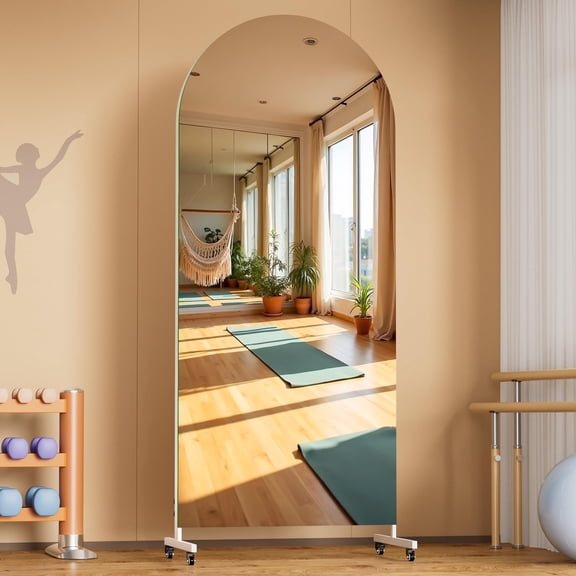 Hasipu 75" x 28" Arched Full Length Mirror with Wheels, 360° Swivel Home Gym Floor Mirror, Tempered Glass Rolling Mirror for Yoga, Dance Studio, Bedroom & Wall Decor, Large Freestanding Mirror