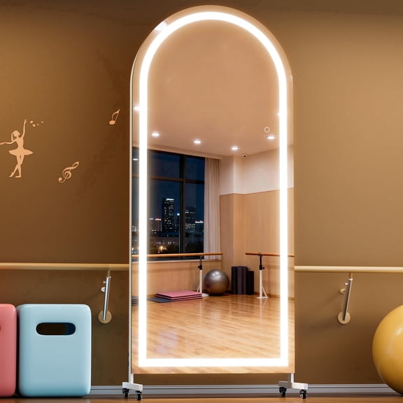 Hasipu 75" x 32" Arched Full Length LED Mirror with Wheels, Dimmable Lighted Home Gym Mirror, 3 Color Temperatures & Adjustable Brightness, Rolling Floor Mirror for Bedroom, Yoga Studio, Home Gym