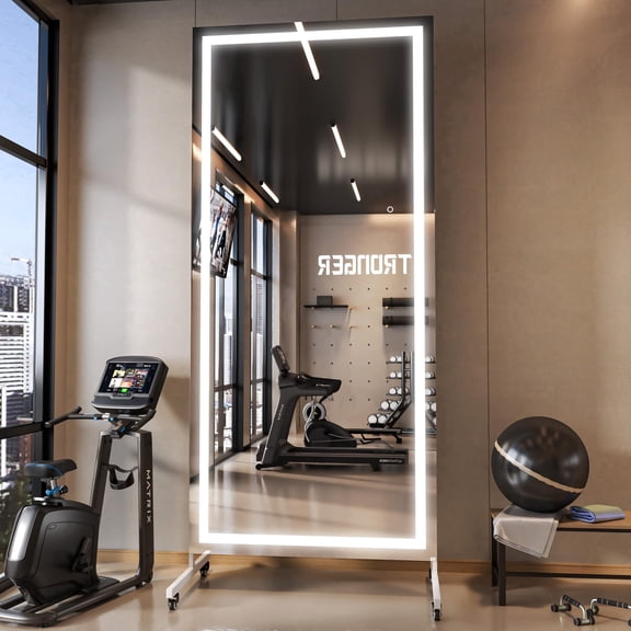 Hasipu 75" x 32" Extra Large Full Length LED Mirror with Light, 360° Swivel Rolling Mirror on Wheels, Dimmable Home Gym Mirror for Yoga, Dance Studio, Bedroom Wall Decor & Exercise Room, White