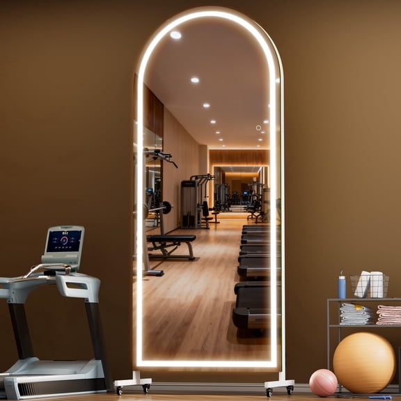 Hasipu 79" x 32" Arched Full Length LED Mirror with Wheels, Dimmable Lighted Home Gym Mirror, 3 Color Temperatures & Adjustable Brightness, Rolling Floor Mirror for Bedroom, Yoga Studio, Home Gym