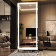 Hasipu 79" x 32" Extra Large Full Length LED Mirror with Light, 360  Swivel Rolling Mirror on Wheels, Dimmable Home Gym Mirror for Yoga, Dance Studio, Bedroom Wall Decor & Exercise Room, White