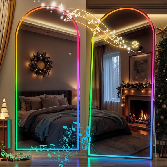 Hasipu 94" x 40" Arch LED Full Length Mirror with Bluetooth & RGB Lighting Floor Standing Mirror with 7 Color Modes, White Frame for Bedroom, Living Room