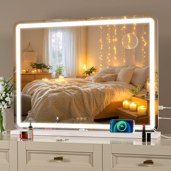 Hasipu 32"x22" Rectangular LED Vanity Mirror with Lights White Makeup Mirror with 10x Magnification for Bathroom & Dressing Table