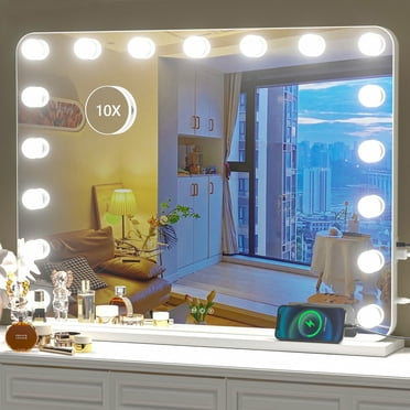 Hasipu 31.5" x 23.6" Rectangular Metal Wall-Mounted Makeup Mirror 10x Magnification, Dimmable, White