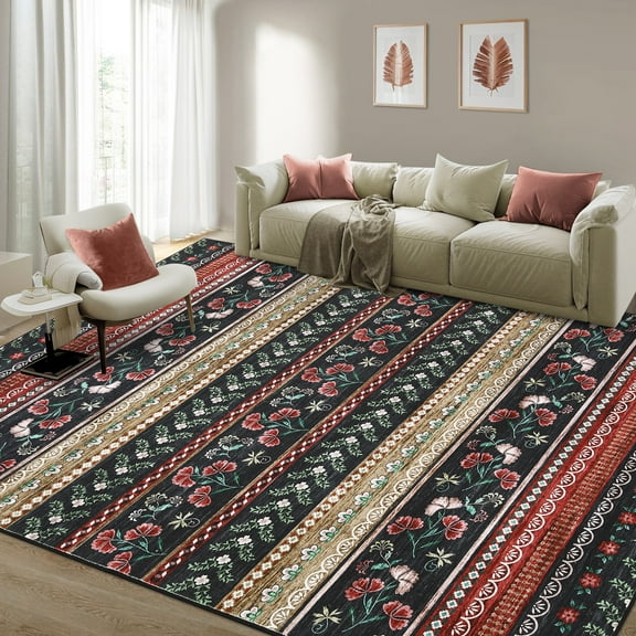 Hasoo 10' x 13' Area Rug Geometric Low Pile Carpet for Dorm Dining Room Home Decor Floral Pattern Indoor Rug, Black Red