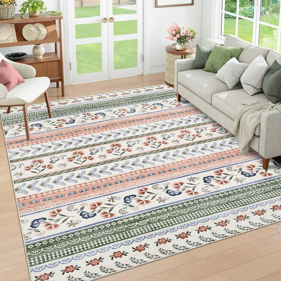 Hasoo 10' x 13' Area Rug Geometric Low Pile Carpet for Dorm Dining Room Home Decor Floral Pattern Indoor Rug, Green Pink