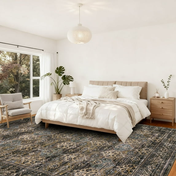 Hasoo 10' x 13' Area Rug for Living Room Boho Vintage Home Decor Washable Non Slip Throw Rug Floral Bedroom Indoor Carpet, Beige