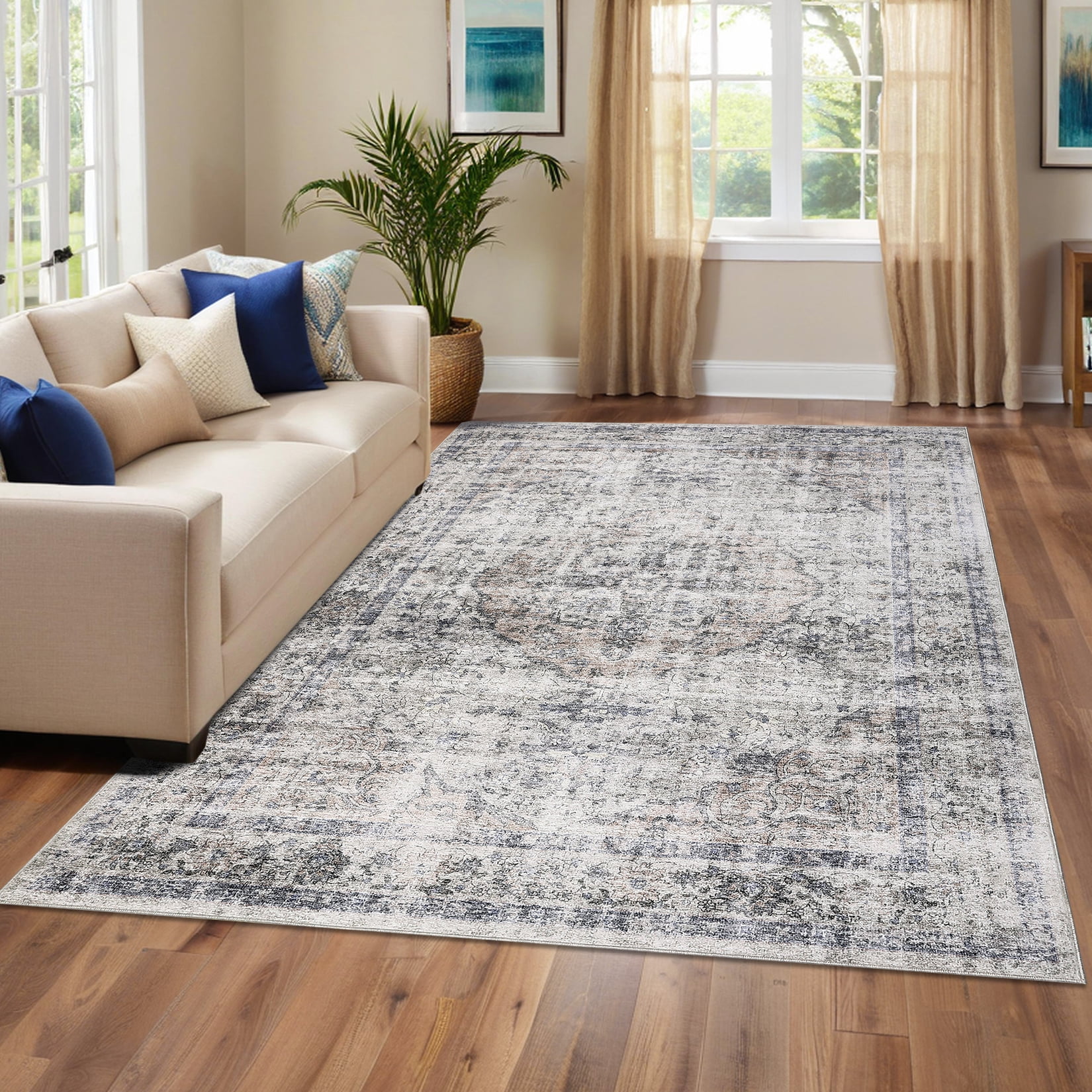 Hasoo 10' x 13' Area Rug for Living Room Boho Vintage Rug Non Slip Throw Rugs Floral Bedroom Rug, Beige/Gray