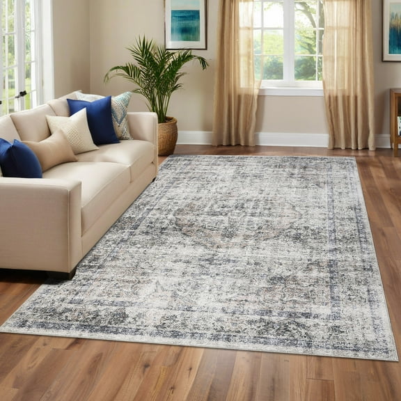 Hasoo 10' x 13' Area Rug for Living Room Boho Vintage Rug Non Slip Throw Rugs Floral Bedroom Rug, Beige/Gray