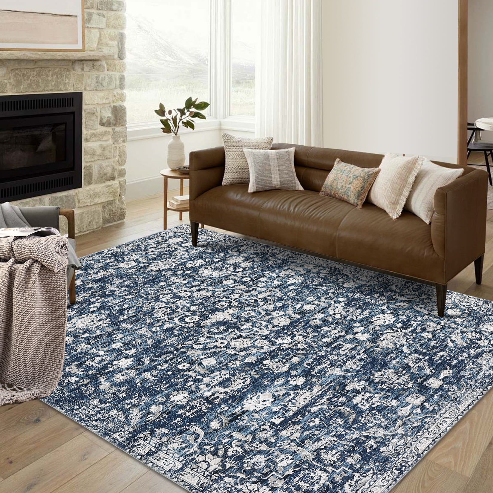 Hasoo 10' x 13' Area Rug for Living Room Boho Vintage Rug Non Slip Throw Rugs Floral Bedroom Rug, Blue