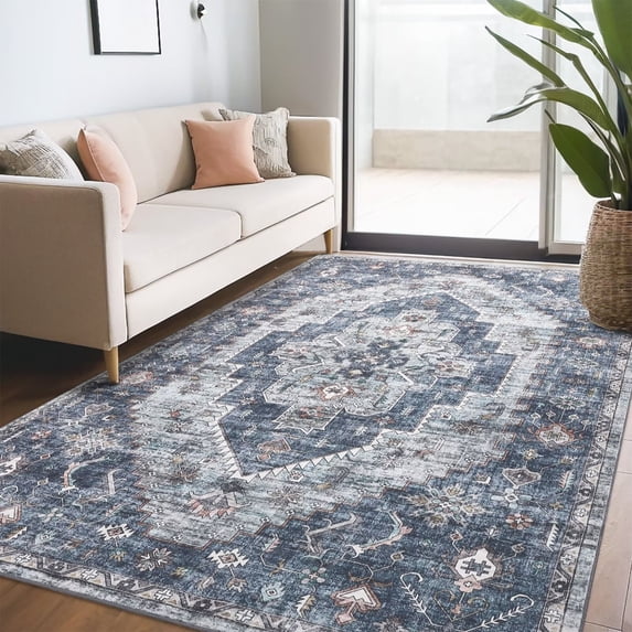 Hasoo 10' x 13' Area Rug for Living Room Boho Vintage Rug Non Slip Throw Rugs Floral Bedroom Rug, Blue