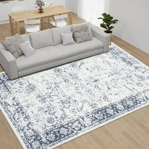 Hasoo 10' x 13' Area Rug for Living Room Boho Vintage Rug Non Slip Throw Rugs Floral Indoor Carpet, Blue