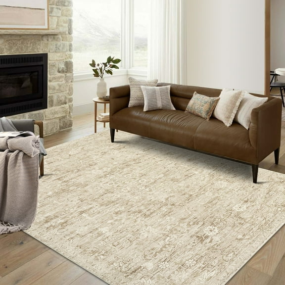 Hasoo 10' x 13' Area Rug for Living Room Boho Vintage Rug Non Slip Throw Rugs Floral Bedroom Rug, Camel