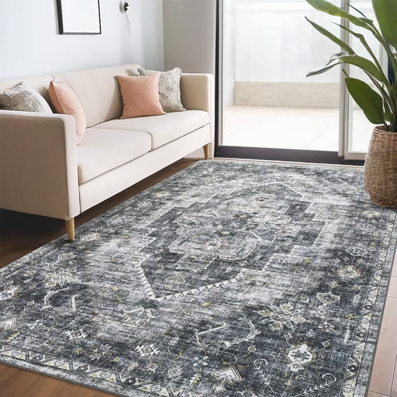Hasoo 10' x 13' Area Rug for Living Room Boho Vintage Rug Non Slip Throw Rugs Floral Bedroom Rug, Gray