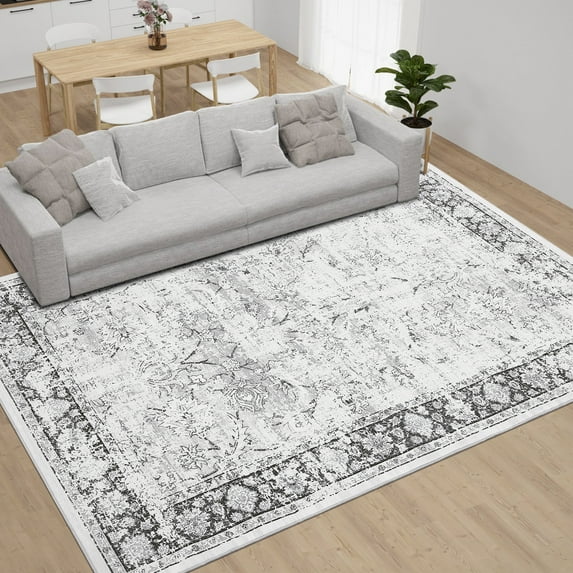 Hasoo 10' x 13' Area Rug for Living Room Boho Vintage Rug Non Slip Throw Rugs Floral Indoor Carpet, Gray