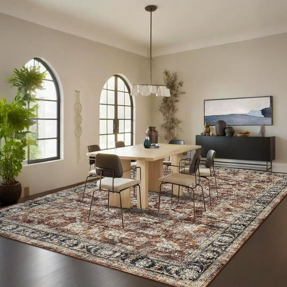 Hasoo 10' x 13' Area Rug for Living Room Boho Vintage Rug Non Slip Throw Rugs Floral Bedroom Rug, Red