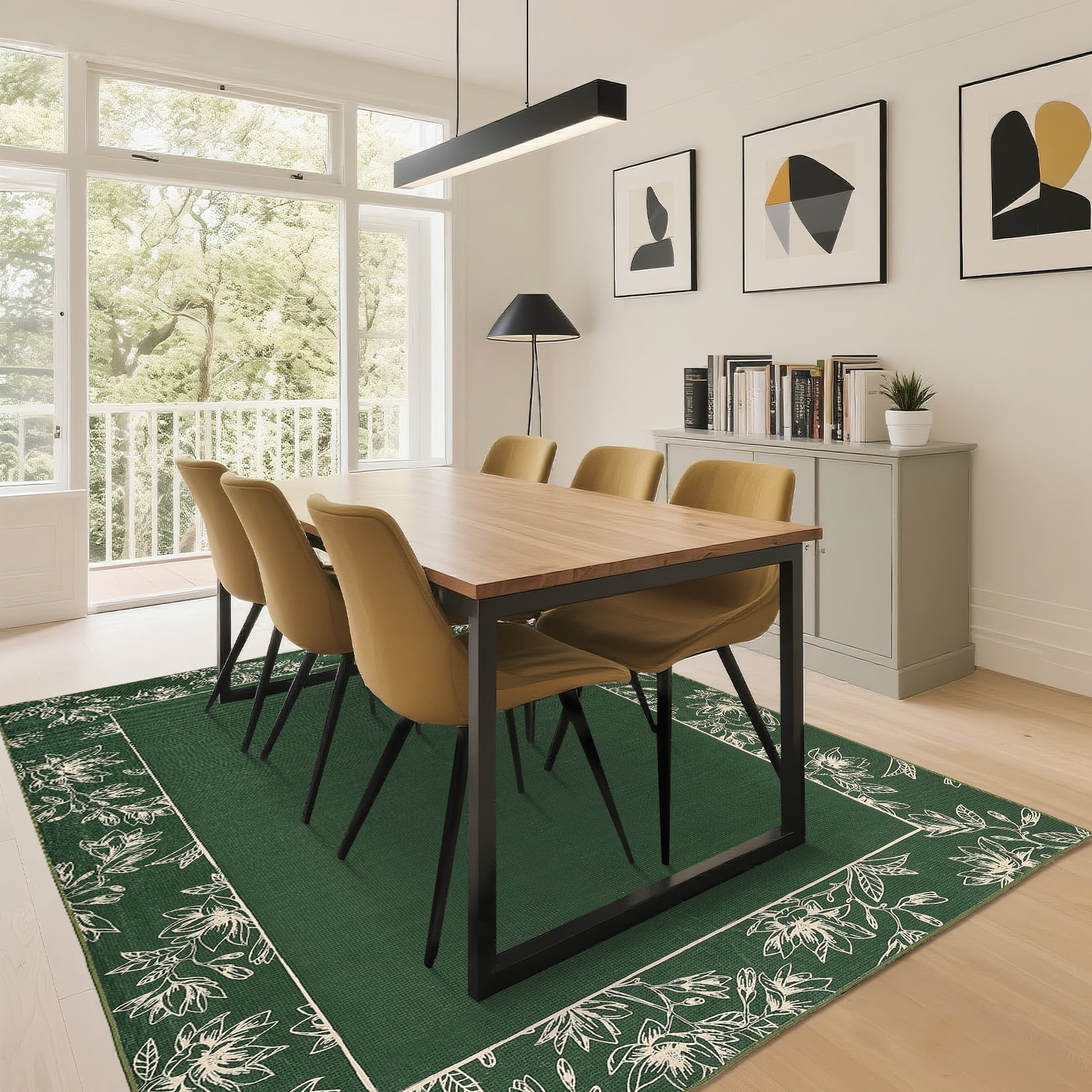 Hasoo 10' x 13' Area Rugs for Living Room Washable Vintage Floral Print Large Bedroom Indoor Modern Geometric Bordered Rug Soft Non Slip Carpet for Dining Room Apartment Office, Green