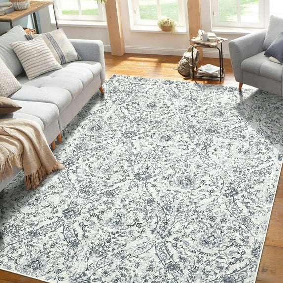 Hasoo 10' x 13' Damask Area Rug for Living Room Boho Vintage Rug Non Slip Throw Rugs Floral Bedroom Rug, Beige Gray