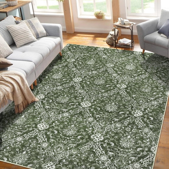 Hasoo 10' x 13' Damask Area Rug for Living Room Boho Vintage Rug Non Slip Throw Rugs Floral Bedroom Rug, Green