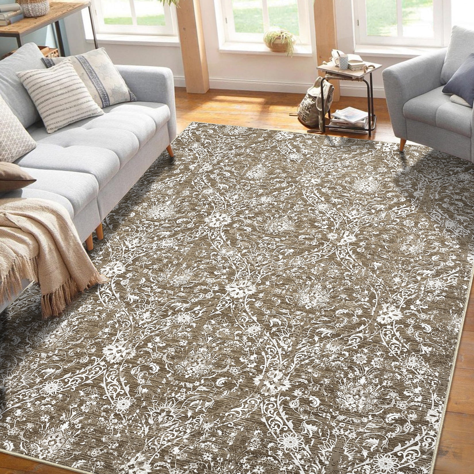 Hasoo 10' x 13' Damask Area Rug for Living Room Boho Vintage Rug Non Slip Throw Rugs Floral Bedroom Rug, Khaki