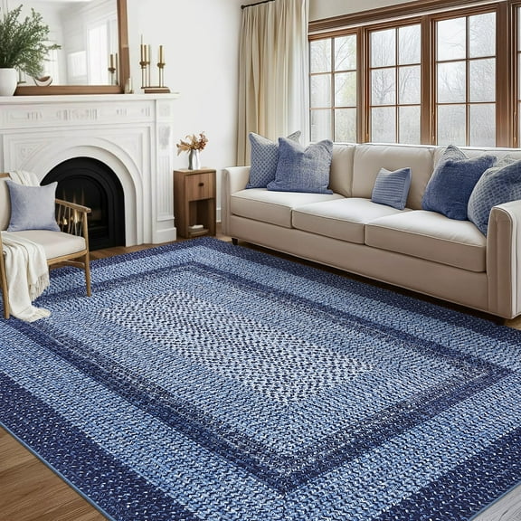 Hasoo 10' x 13' Modern Rug for Bedroom Faux Braided Pattern Soft Geometric Living Room Carpet, Navy