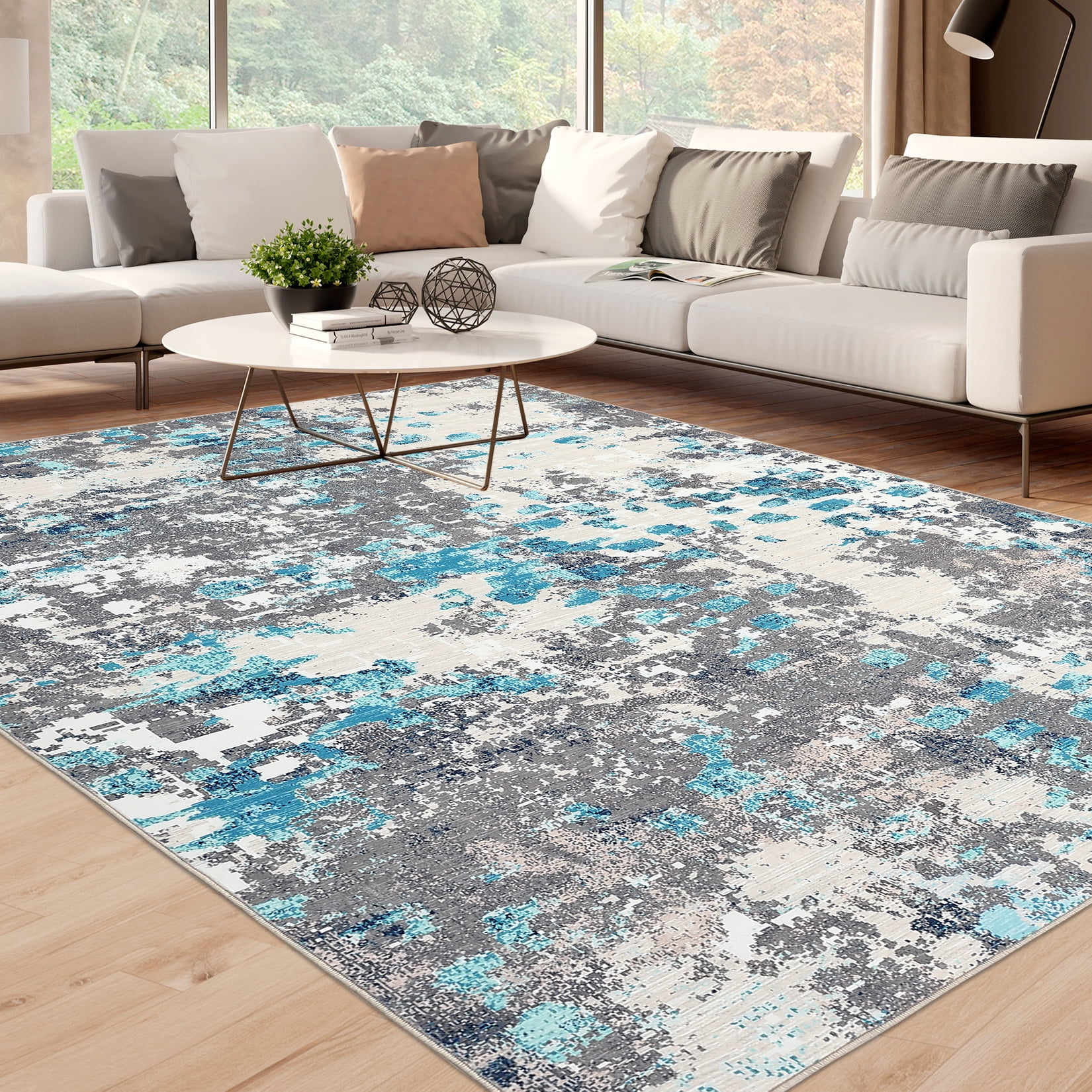 Hasoo 10' x 13' Multi-Color Modern Abstract Area Rug for Living Room Washable Indoor Home Decor Carpet, Blue/Gray