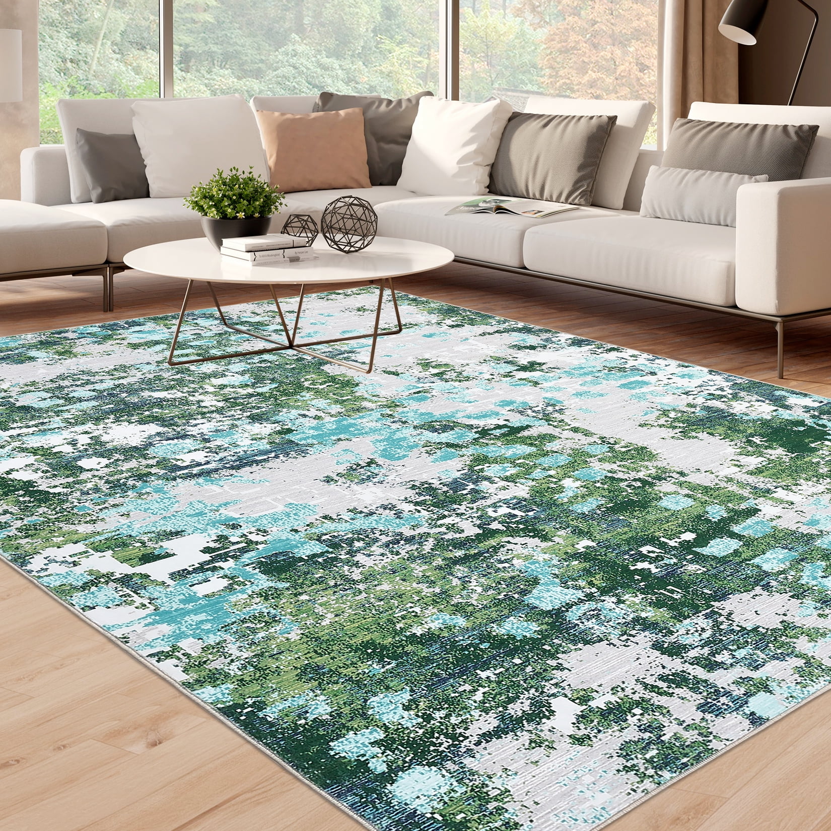 Hasoo 10' x 13' Multi-Color Modern Abstract Area Rug for Living Room Washable Indoor Home Decor Carpet, Green/Gray