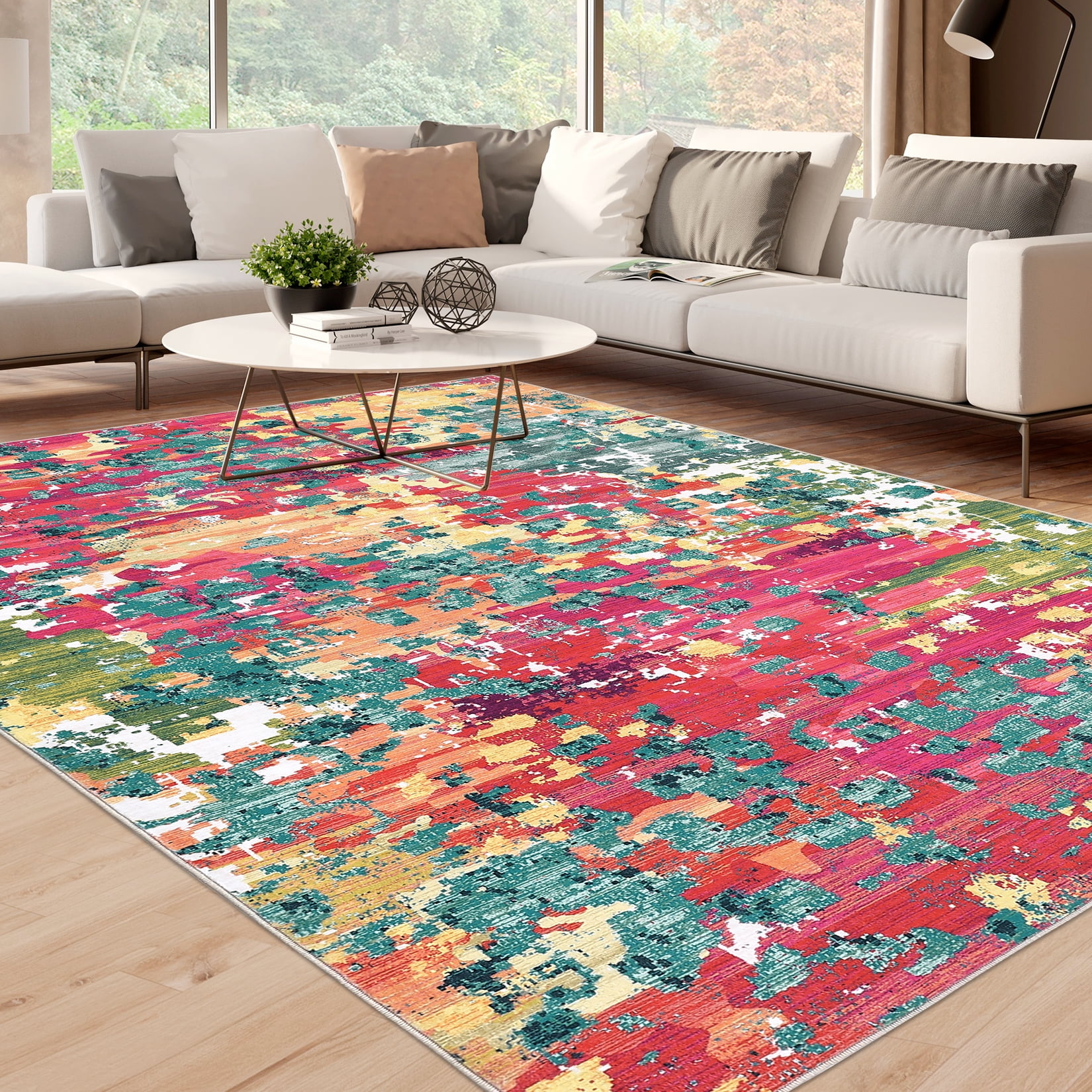 Hasoo 10' x 13' Multi-Color Modern Abstract Area Rug for Living Room Washable Indoor Home Decor Carpet, Pink/Green