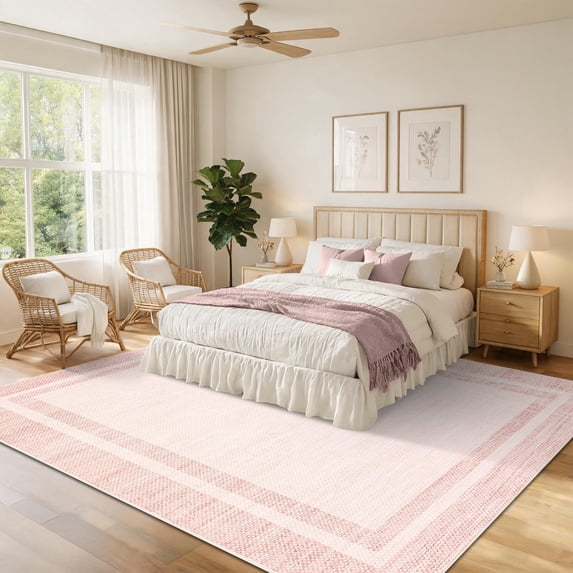 Hasoo 10′ x 13′ Pink Washable Neutral Bordered Area Rug for Living Room Modern Stain Resistant Indoor Throw Carpet Home Decor