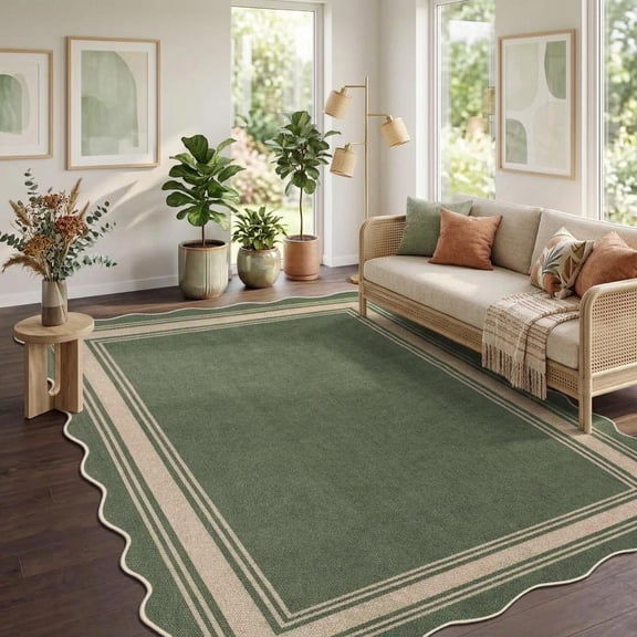 Hasoo 10' x 13' Sage Green Modern Scalloped Bordered Neutral Area Rug for Living Room Washable Non-Shedding Easy Jute Indoor Outdoor Carpet for Patio