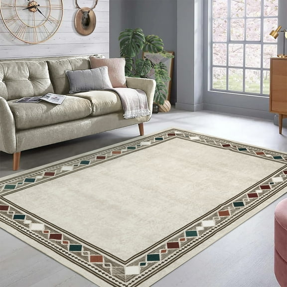 Hasoo 10' x 13' Washable Area Rug for Living Room Bedroom Modern Geometric Bordered Floor Cover Indoor Carpet for Home Office, Beige