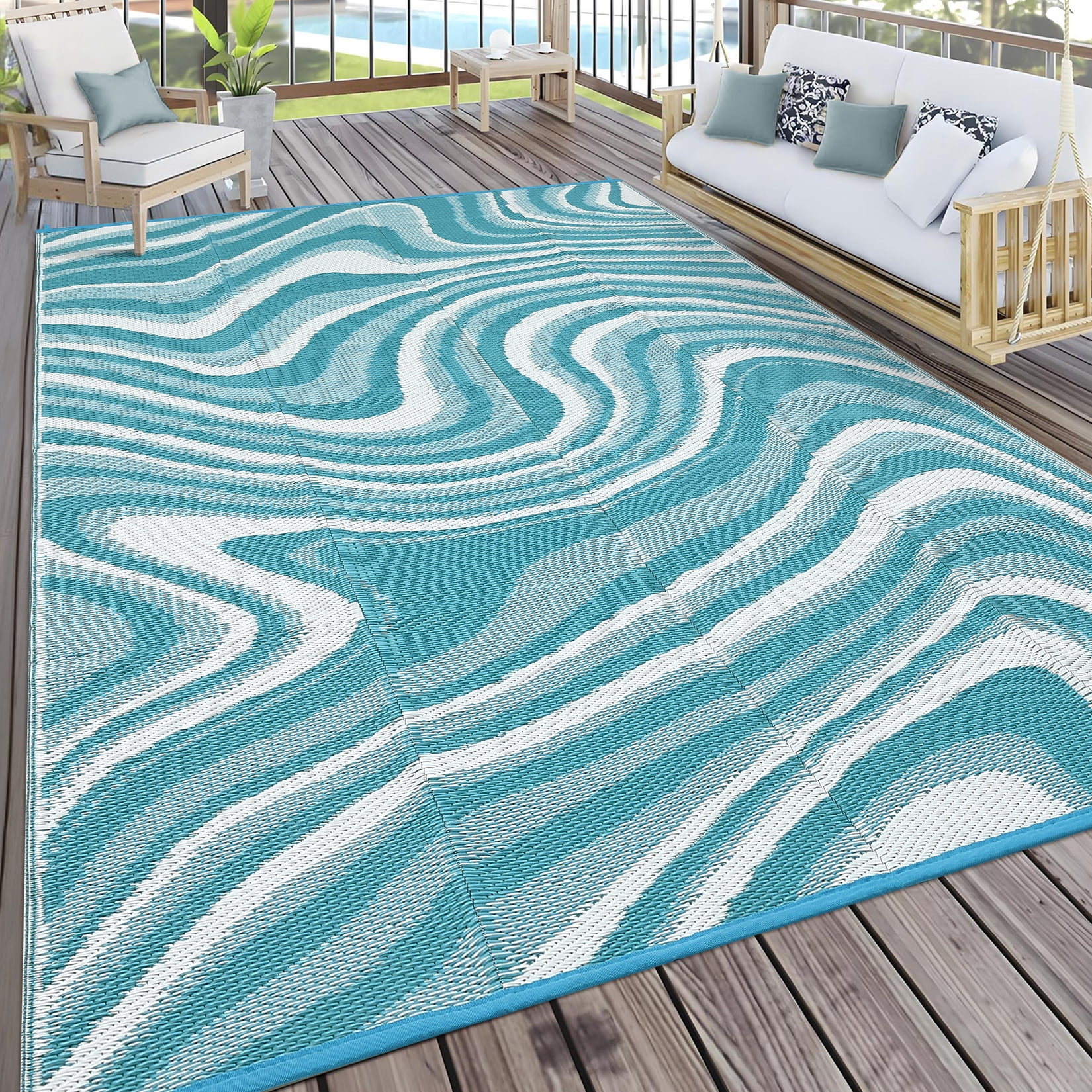 Hasoo 10' x 14' Blue/White Outdoor Rug for Patio Decor Waterproof Plastic Straw Modern Geometric Carpet PP Tube Woven Portable Camping Mat for Picnic Balcony
