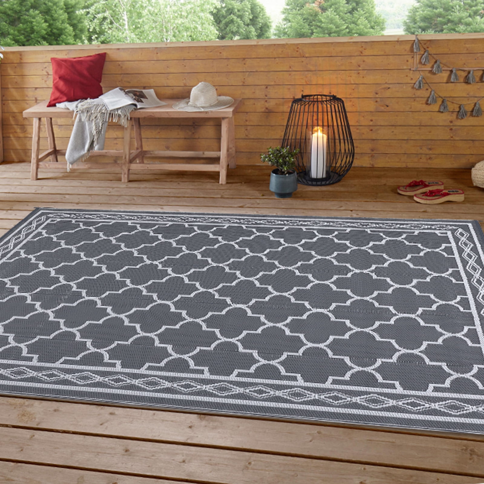Hasoo 10' x 14' Gray/White Outdoor Rug for Patio Decor Waterproof Plastic Straw Modern Geometric Carpet PP Tube Woven Portable Camping Mat for Picnic Balcony