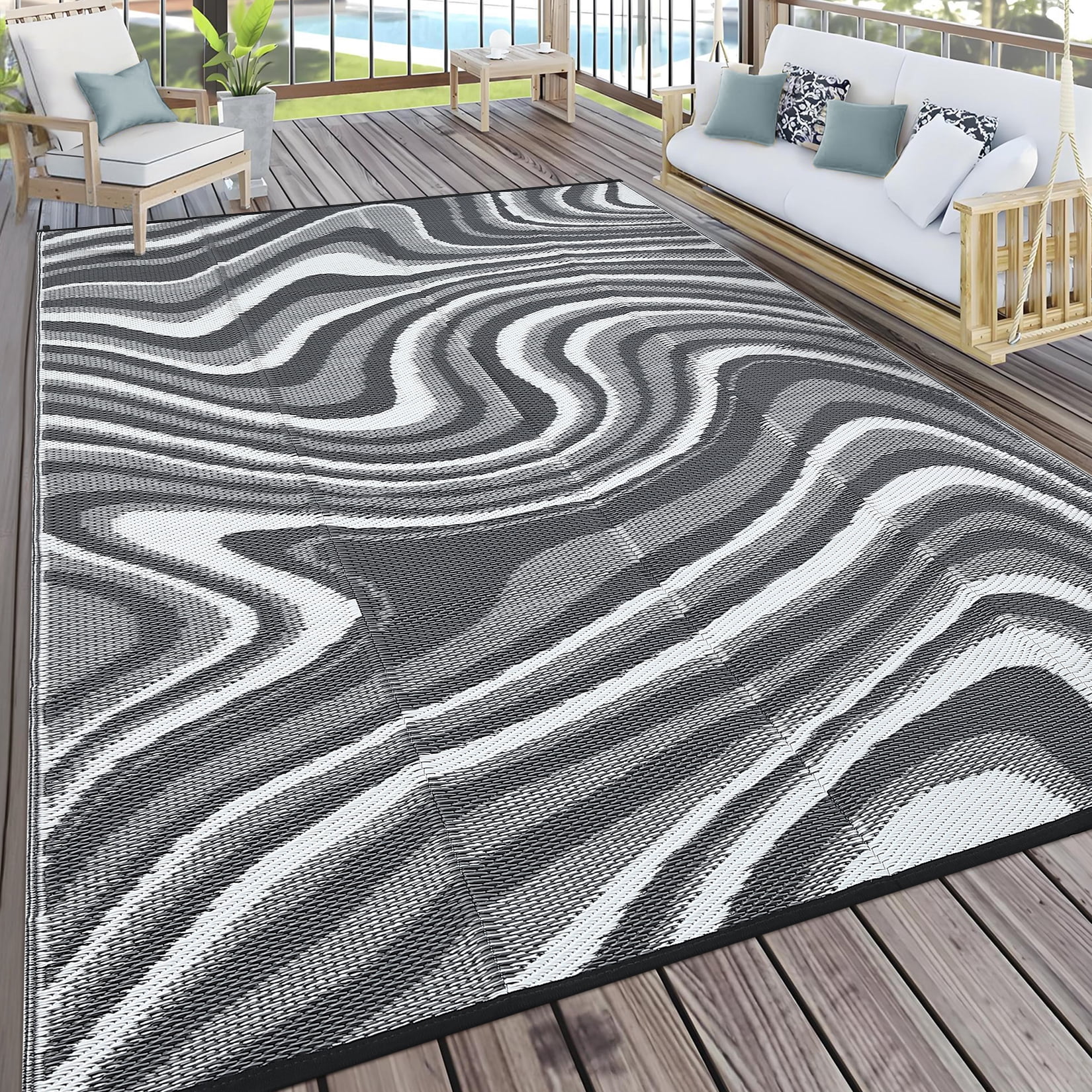 Hasoo 10' x 14' Gray/White Outdoor Rug for Patio Decor Waterproof Plastic Straw Modern Geometric Carpet PP Tube Woven Portable Camping Mat for Picnic Balcony