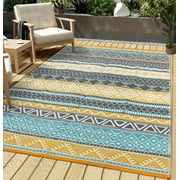 Hasoo 10' x 14' Yellow/Blue Outdoor Rug for Patio Decor Waterproof Plastic Straw Modern Geometric Carpet PP Tube Woven Portable Camping Mat for Picnic Balcony