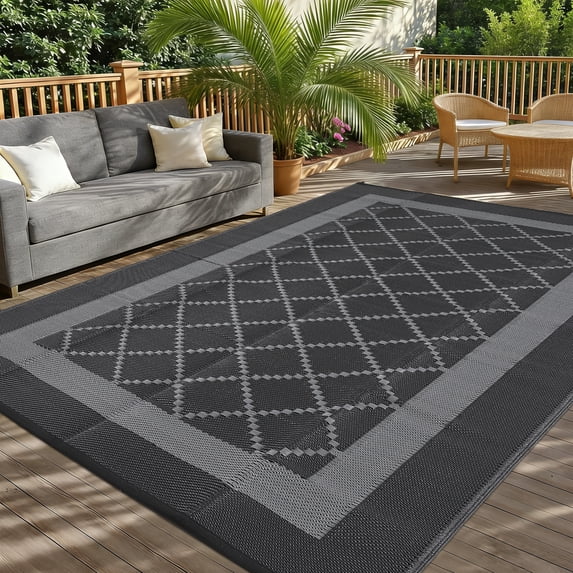 Hasoo 10' x 20' Black/Gray Outdoor Rug for Patio Decor Waterproof Plastic Straw Modern Geometric Bordered Carpet PP Tube Woven Portable Camping Mat for Picnic Balcony