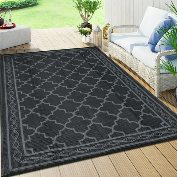 Hasoo 10' x 20' Black & Gray Outdoor Rug Plastic Straw Rug Bohemia Carpet Waterproof PP Tube Woven Portable Mat for Patio Decor, Balcony, Picnic