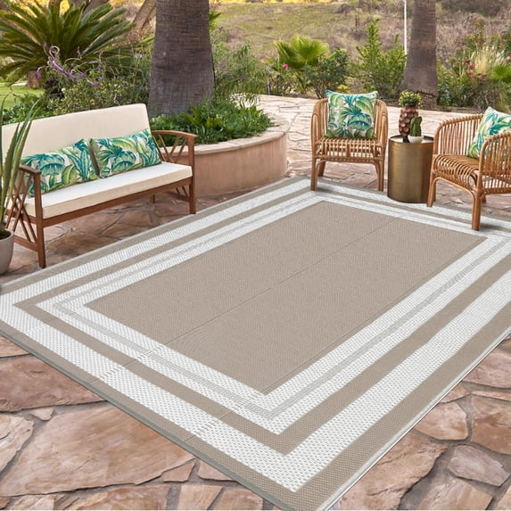 Hasoo 10' x 20' Brown/White Outdoor Rug for Patio Decor Waterproof Plastic Straw Modern Geometric Carpet PP Tube Woven Portable Camping Mat for Picnic Balcony