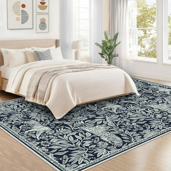 Hasoo 10x13ft Blue Washable Tiger and Botanical Pattern Non-Slip Area Rug for Living Room Modern Carpet