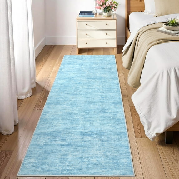 Hasoo 2'5" x 8' Runner Rug Solid Washable Rugs Runners for Hallways Non Slip Kitchen Mat with Rubber Backing Indoor Light Blue Rug