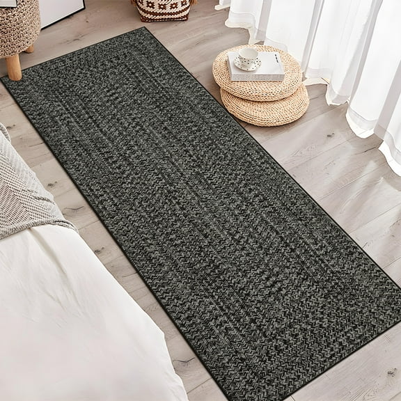 Hasoo 2' x 10' Modern Runner Rug for Hallway Bedroom Braided Pattern Non-slip Soft Indoor Carpet, Gray/Black