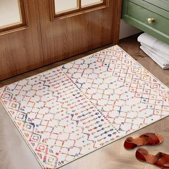 Hasoo 2' x 3' Area Rug Doormat for Kitchen Entryway Washable Small Rug Boho Traditinal Floor Mat for Home Decor Beige and Colorful
