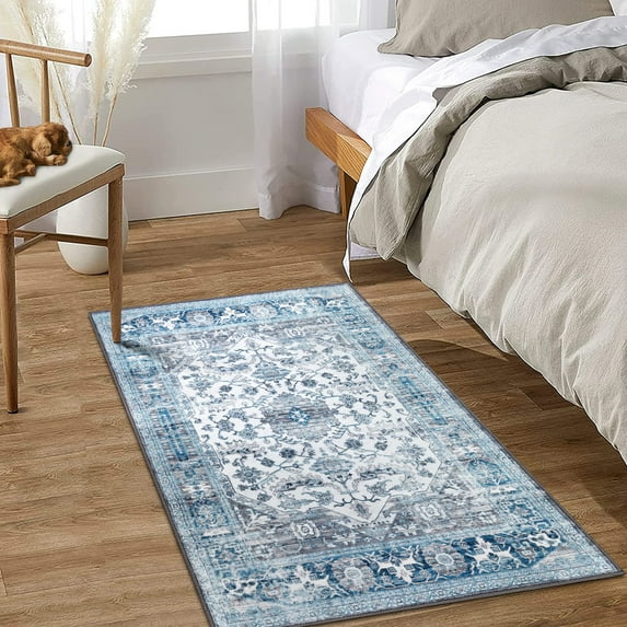 Hasoo 2' x 3' Entryway Area Rug for Living Room Floral Geometric Small Rug Boho Indoor Accent Rug, Blue/Gray