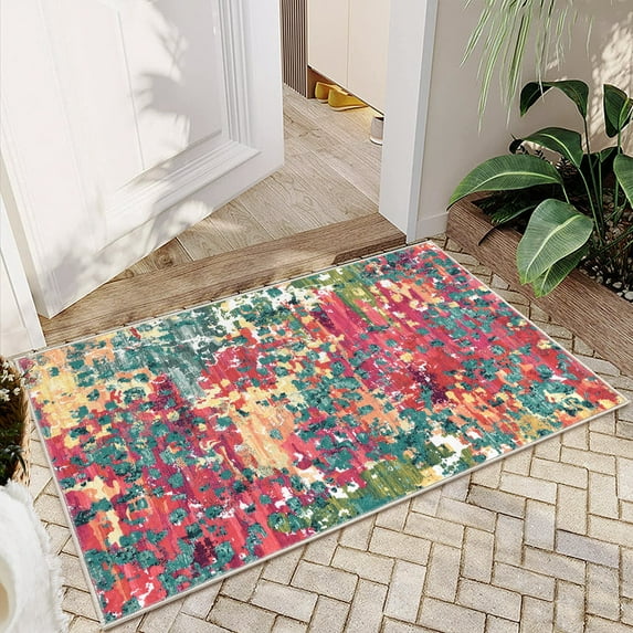 Hasoo 2' x 3' Multi-Color Modern Small Area Rug, Throw Mat for Indoor Entry, Ideal for Kitchen or Bathroom Rugs, Red/Green
