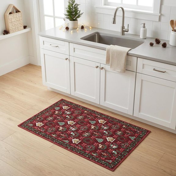 Hasoo 2' x 3' Red Border Christmas Tree Doormat for Bathroom Enterway Modern Washable Indoor Carpet Non-Slip Xmas Snowflake Home Decor Gift